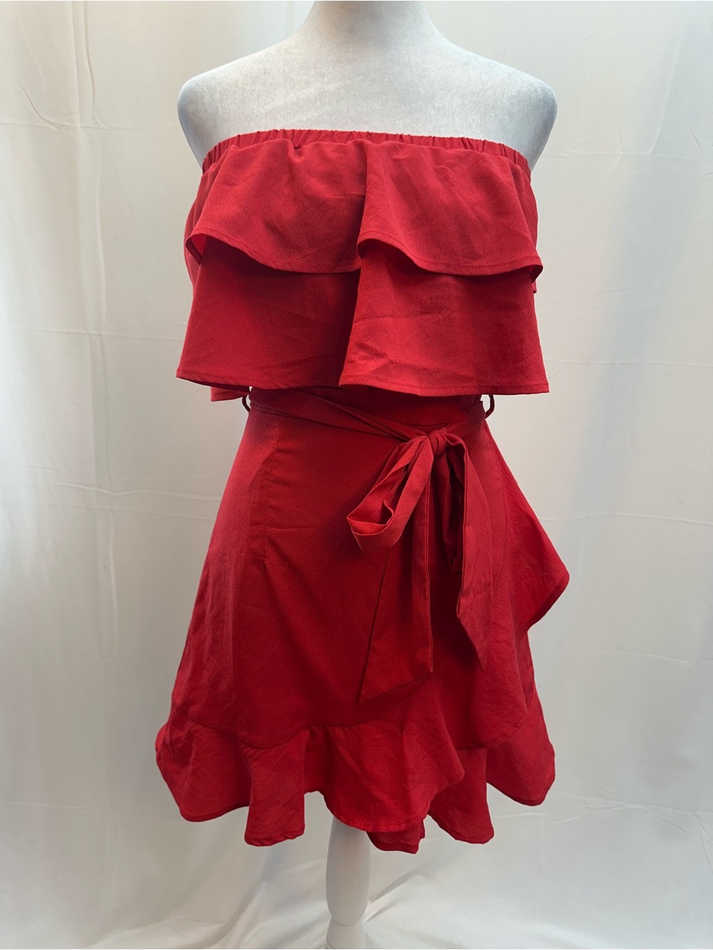 Runaway Strapless Red Ruffle Tie-Waist Dress S